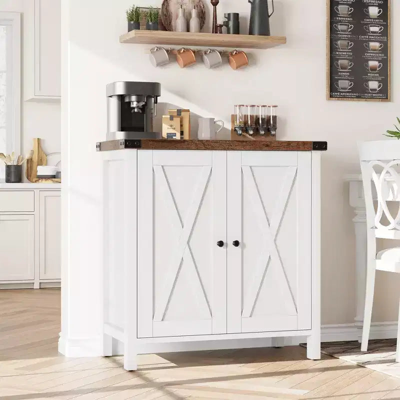 2-Pack Farmhouse Storage Cabinet with 2 Doors & Adjustable Shelves, Sideboard Buffet for Living Room, Dining Room Entryway, White+Brown