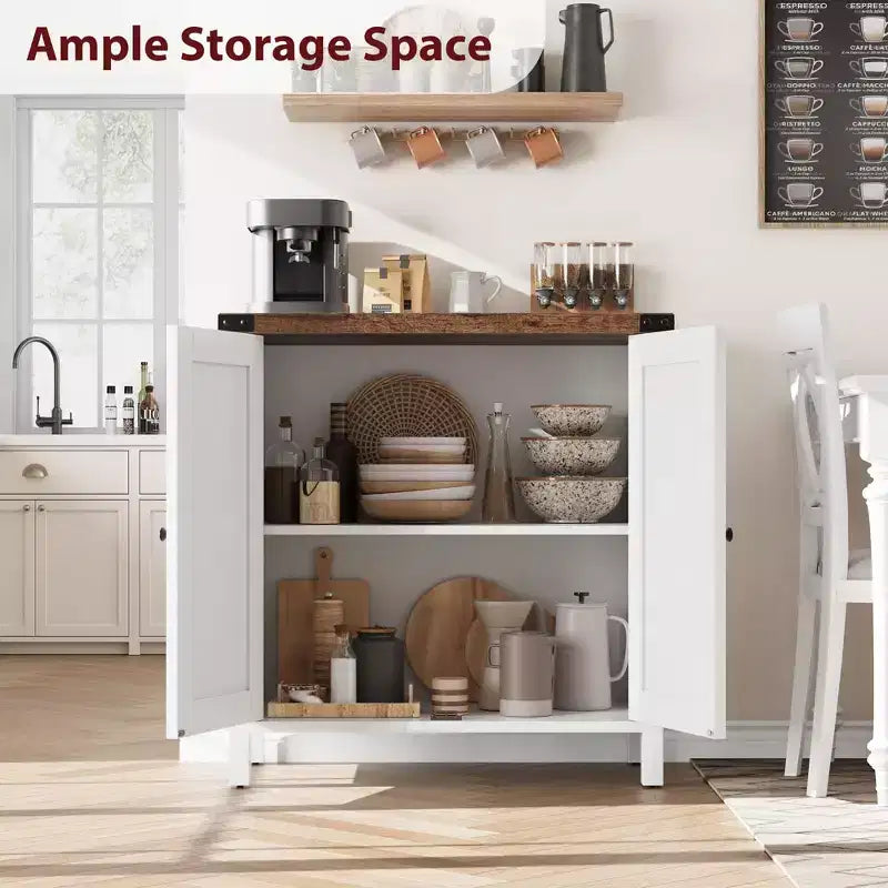 2-Pack Farmhouse Storage Cabinet with 2 Doors & Adjustable Shelves, Sideboard Buffet for Living Room, Dining Room Entryway, White+Brown