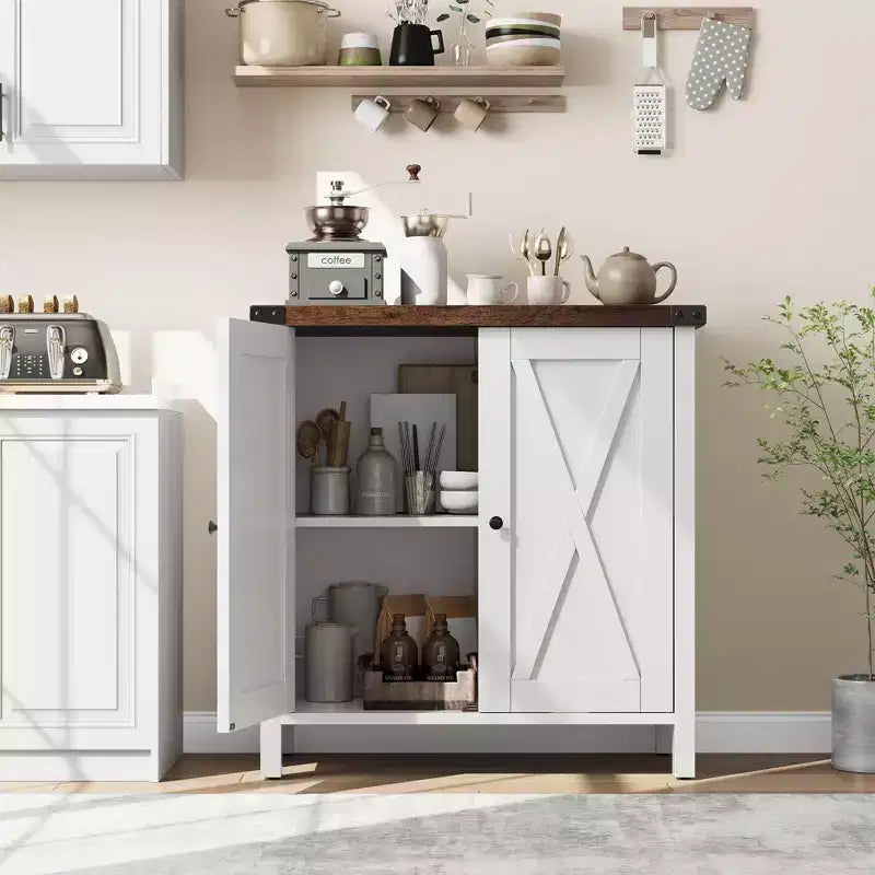 2-Pack Farmhouse Storage Cabinet with 2 Doors & Adjustable Shelves, Sideboard Buffet for Living Room, Dining Room Entryway, White+Brown