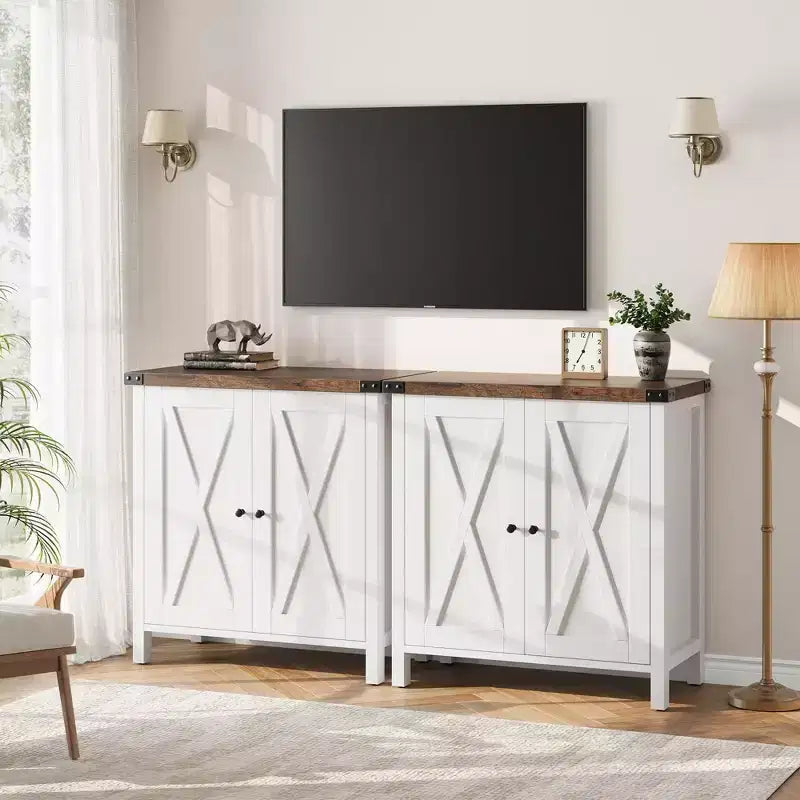 2-Pack Farmhouse Storage Cabinet with 2 Doors & Adjustable Shelves, Sideboard Buffet for Living Room, Dining Room Entryway, White+Brown