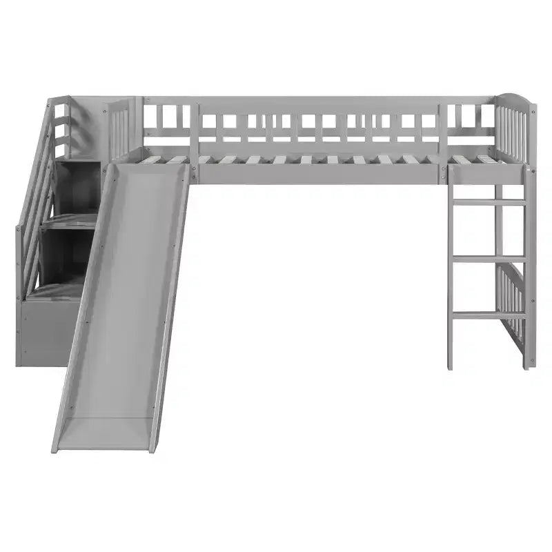 Twin Size Stairway Loft Bed Frame with Slide, Wood Kids Low Loft Bed Frame with Drawers