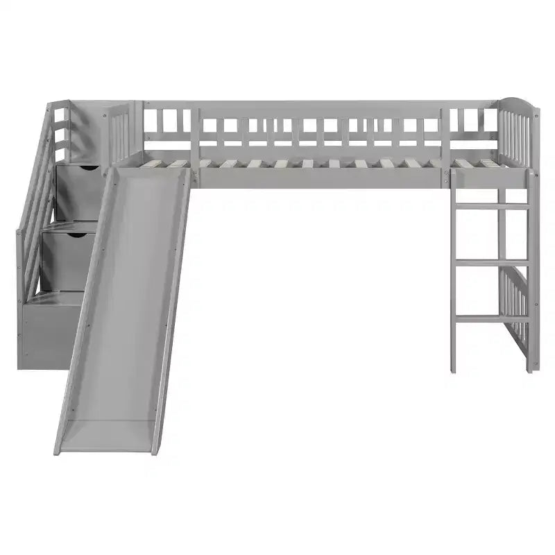 Twin Size Stairway Loft Bed Frame with Slide, Wood Kids Low Loft Bed Frame with Drawers