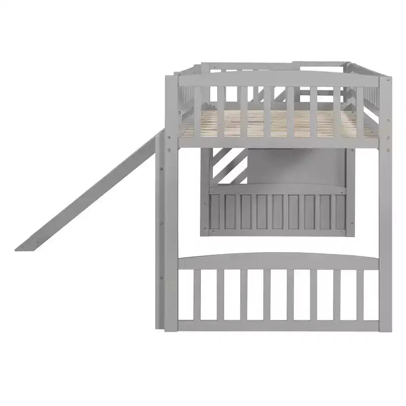 Twin Size Stairway Loft Bed Frame with Slide, Wood Kids Low Loft Bed Frame with Drawers