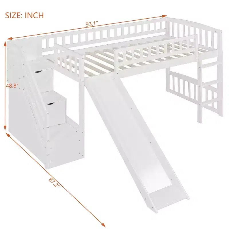 Twin Size Stairway Loft Bed Frame with Slide, Wood Kids Low Loft Bed Frame with Drawers