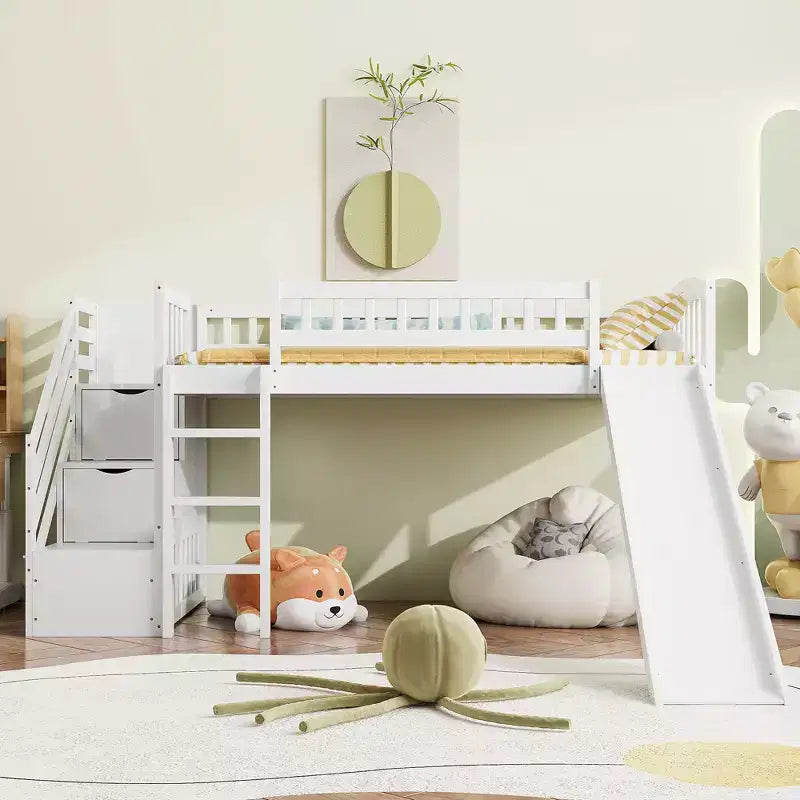 Twin Size Stairway Loft Bed Frame with Slide, Wood Kids Low Loft Bed Frame with Drawers