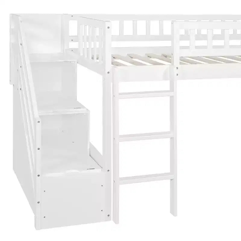 Twin Size Stairway Loft Bed Frame with Slide, Wood Kids Low Loft Bed Frame with Drawers