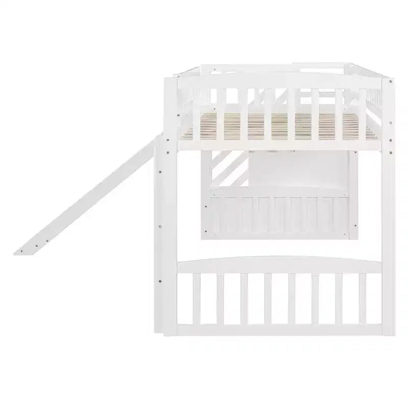 Twin Size Stairway Loft Bed Frame with Slide, Wood Kids Low Loft Bed Frame with Drawers