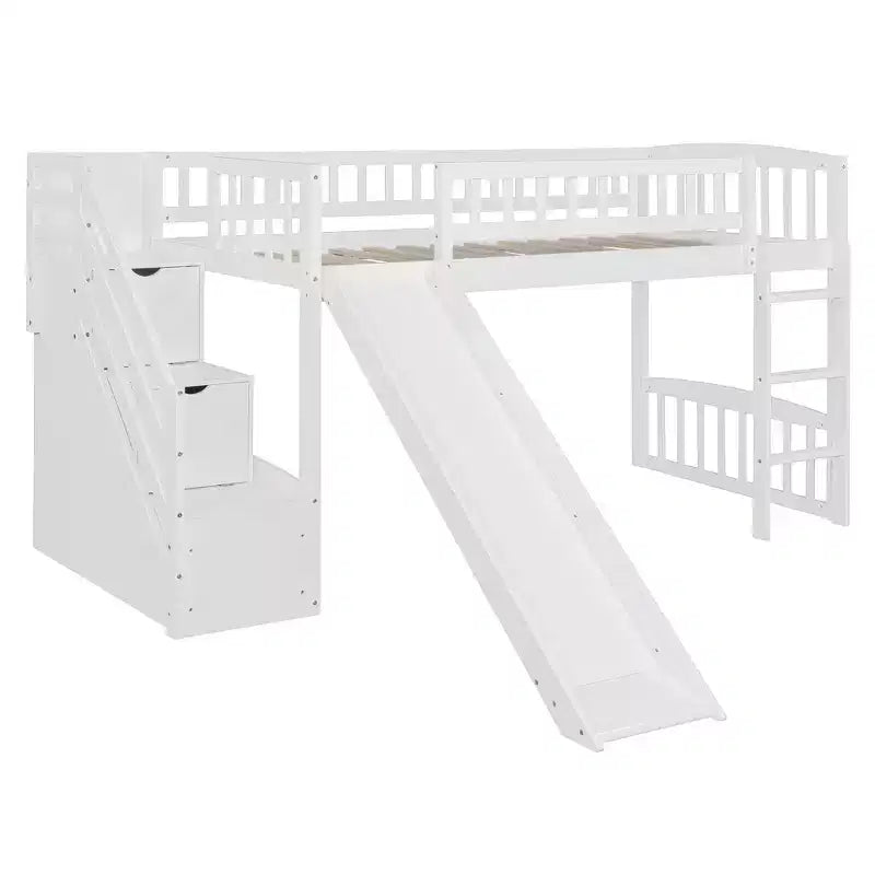 Twin Size Stairway Loft Bed Frame with Slide, Wood Kids Low Loft Bed Frame with Drawers