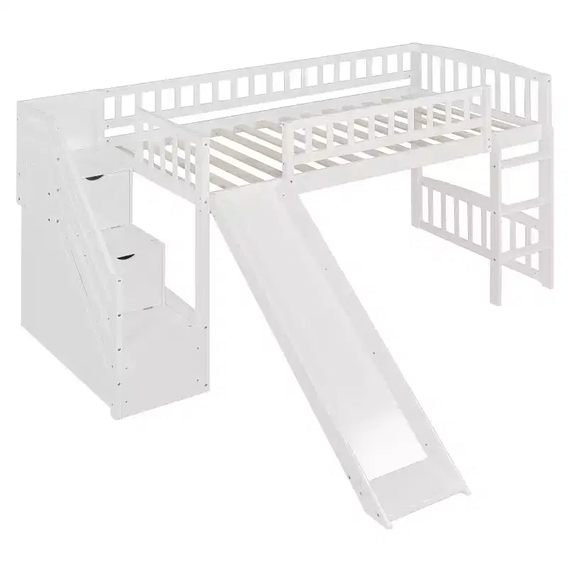 Twin Size Stairway Loft Bed Frame with Slide, Wood Kids Low Loft Bed Frame with Drawers