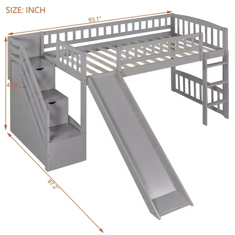 Twin Size Stairway Loft Bed Frame with Slide, Wood Kids Low Loft Bed Frame with Drawers