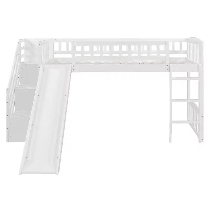 Twin Size Stairway Loft Bed Frame with Slide, Wood Kids Low Loft Bed Frame with Drawers