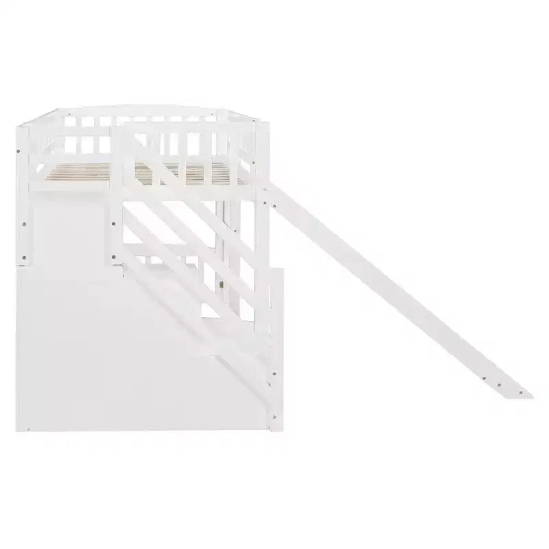 Twin Size Stairway Loft Bed Frame with Slide, Wood Kids Low Loft Bed Frame with Drawers