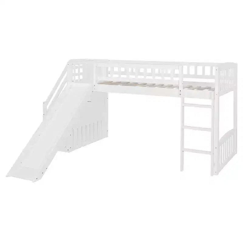 Twin Size Stairway Loft Bed Frame with Slide, Wood Kids Low Loft Bed Frame with Drawers