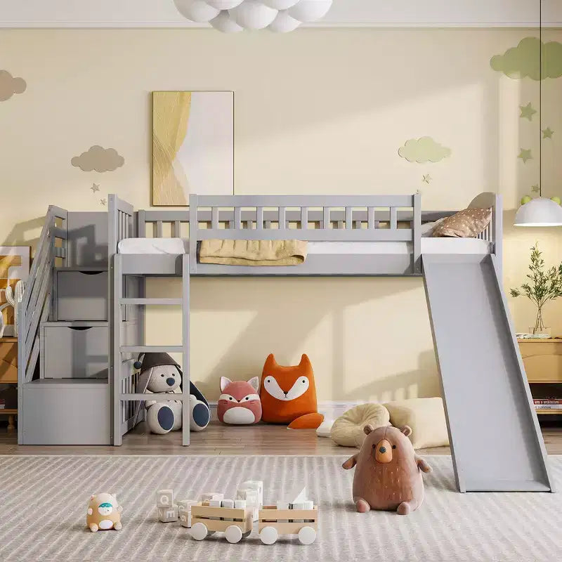 Twin Size Stairway Loft Bed Frame with Slide, Wood Kids Low Loft Bed Frame with Drawers