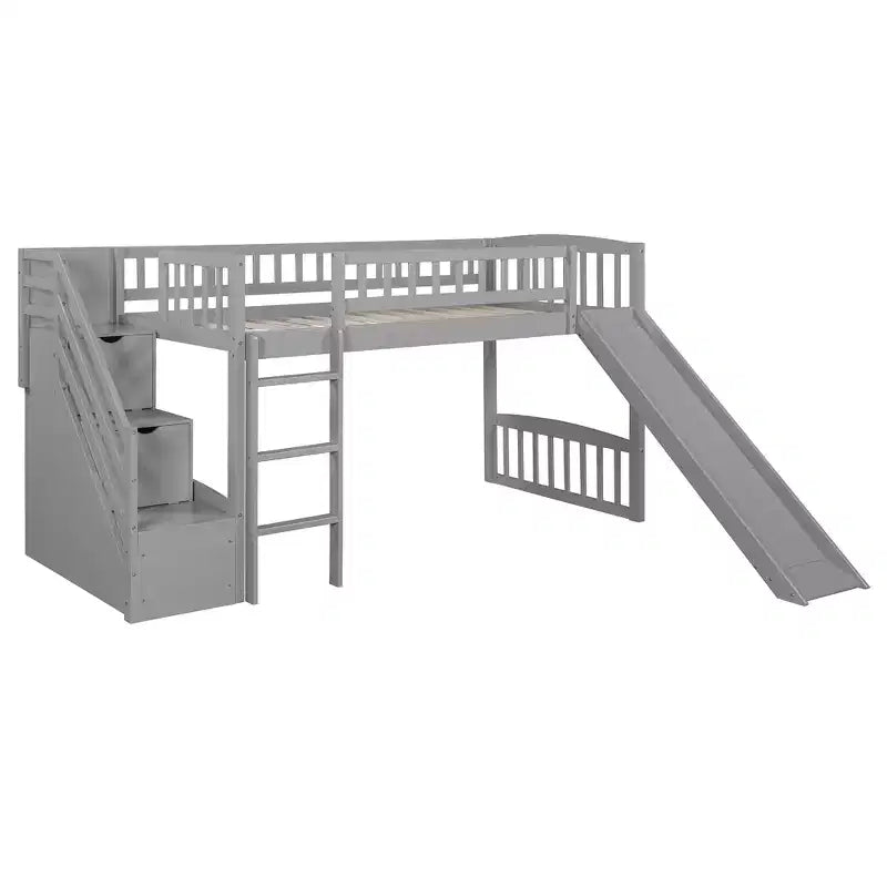 Twin Size Stairway Loft Bed Frame with Slide, Wood Kids Low Loft Bed Frame with Drawers