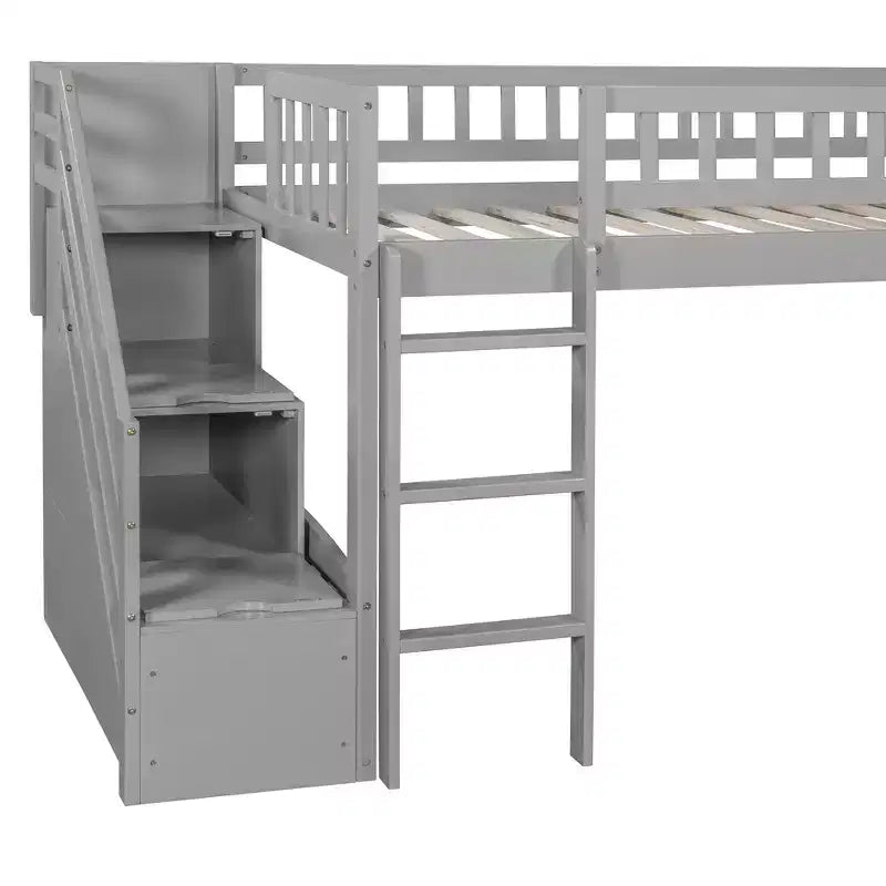 Twin Size Stairway Loft Bed Frame with Slide, Wood Kids Low Loft Bed Frame with Drawers
