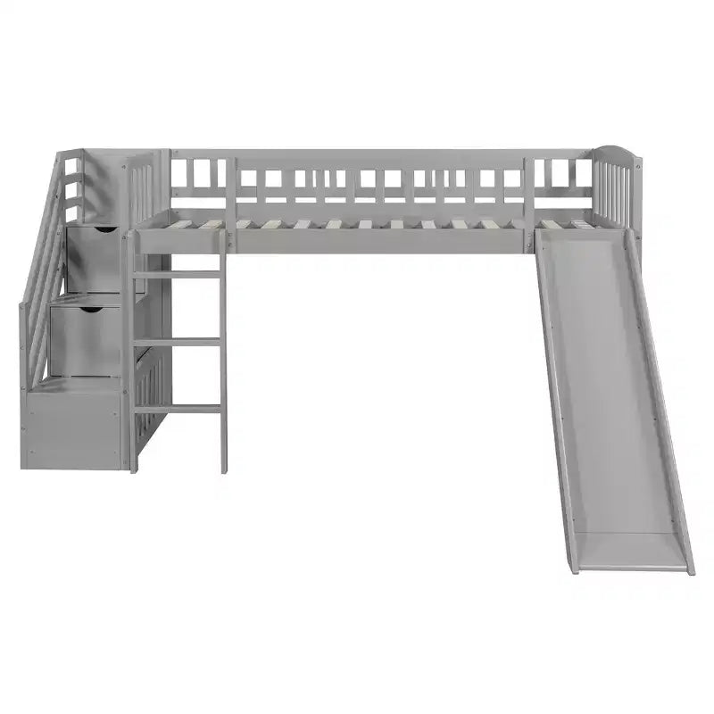 Twin Size Stairway Loft Bed Frame with Slide, Wood Kids Low Loft Bed Frame with Drawers