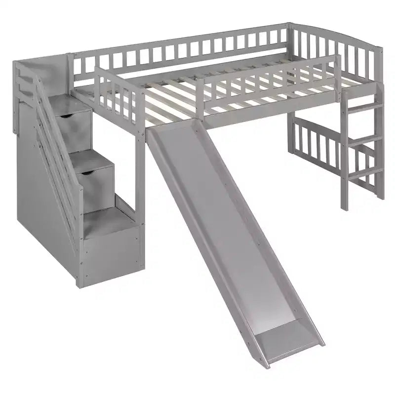 Twin Size Stairway Loft Bed Frame with Slide, Wood Kids Low Loft Bed Frame with Drawers