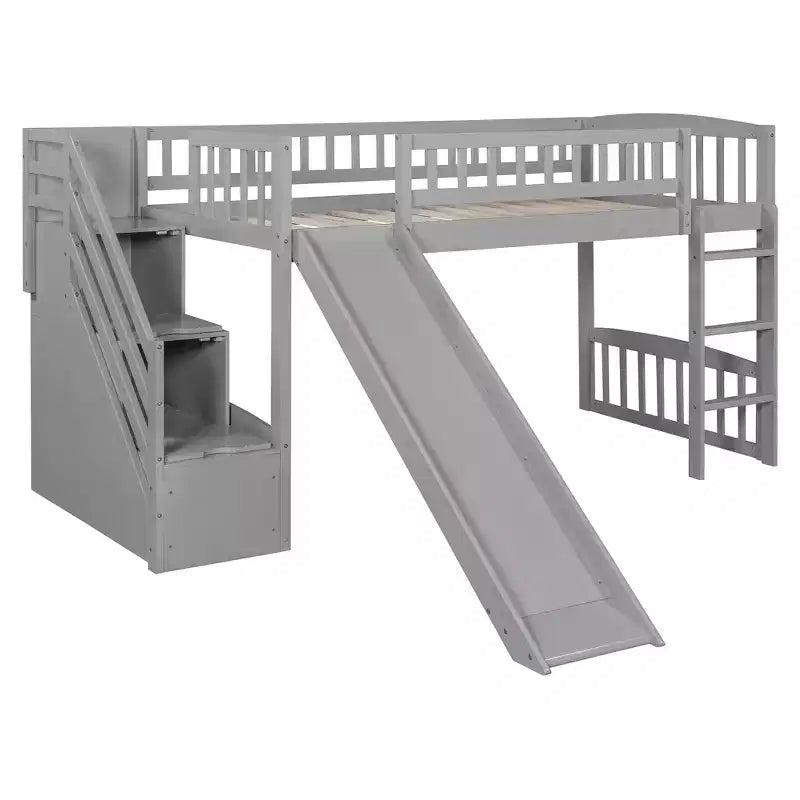 Twin Size Stairway Loft Bed Frame with Slide, Wood Kids Low Loft Bed Frame with Drawers