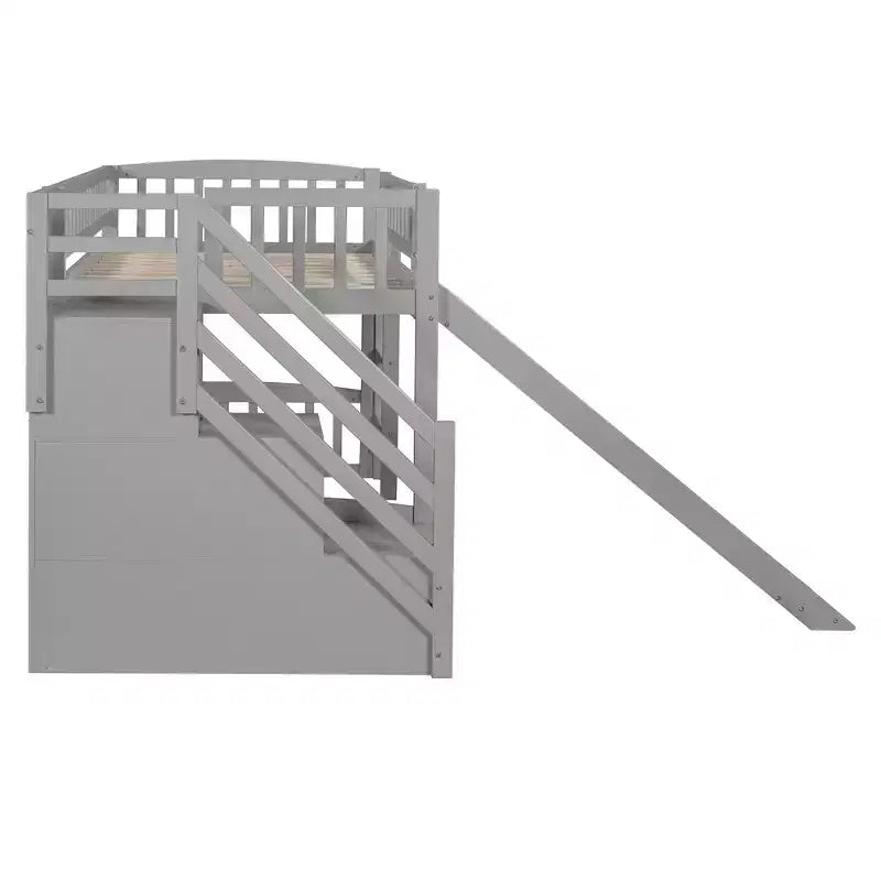 Twin Size Stairway Loft Bed Frame with Slide, Wood Kids Low Loft Bed Frame with Drawers