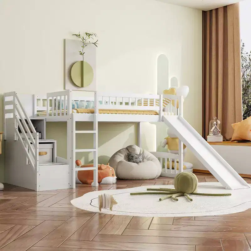 Twin Size Stairway Loft Bed Frame with Slide, Wood Kids Low Loft Bed Frame with Drawers