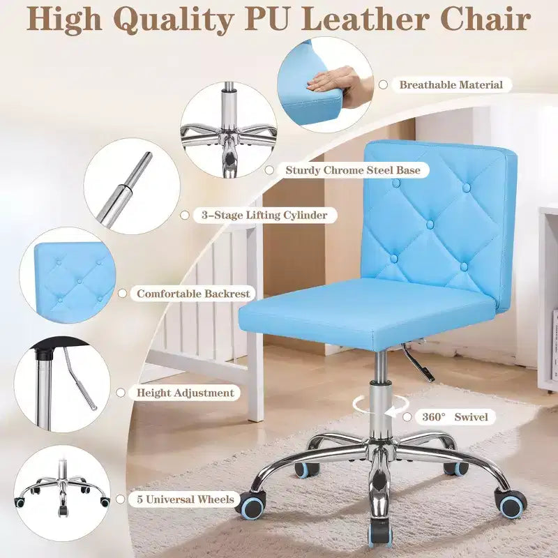 PU Leather Armless Office Chair, Adjustable Height & 360 Rolling Swivel for Home or Office