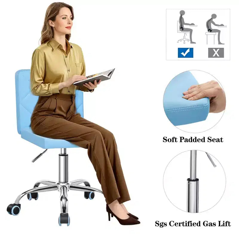 PU Leather Armless Office Chair, Adjustable Height & 360 Rolling Swivel for Home or Office