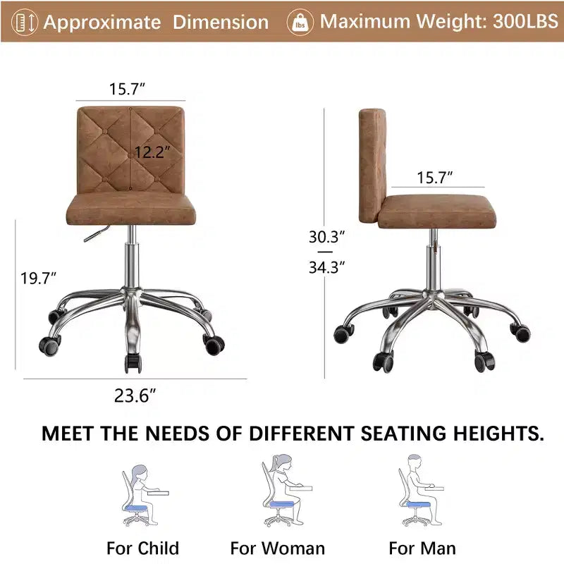 PU Leather Armless Office Chair, Adjustable Height & 360 Rolling Swivel for Home or Office