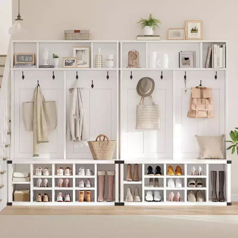 76 Inch Hall Tree with Bench and Shoe Storage, Farmhouse 4-in-1 Entryway Bench with Coat Rack and 6 Hooks, Adjustable Shelf, Mudroom Bench