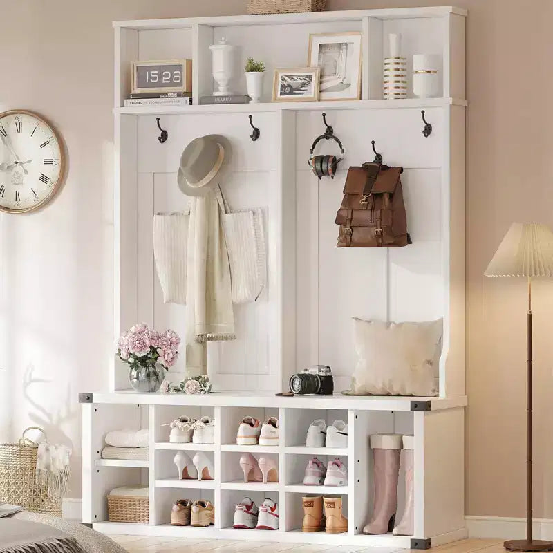 76 Inch Hall Tree with Bench and Shoe Storage, Farmhouse 4-in-1 Entryway Bench with Coat Rack and 6 Hooks, Adjustable Shelf, Mudroom Bench