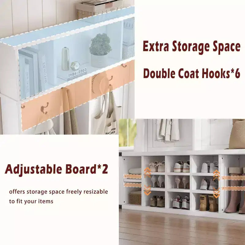 76 Inch Hall Tree with Bench and Shoe Storage, Farmhouse 4-in-1 Entryway Bench with Coat Rack and 6 Hooks, Adjustable Shelf, Mudroom Bench