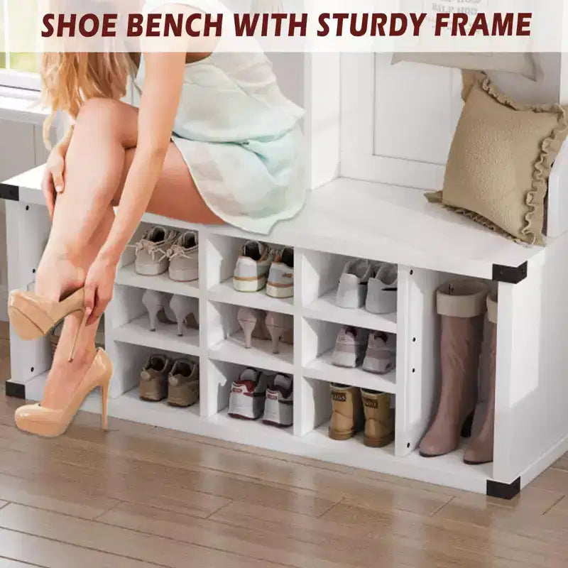 76 Inch Hall Tree with Bench and Shoe Storage, Farmhouse 4-in-1 Entryway Bench with Coat Rack and 6 Hooks, Adjustable Shelf, Mudroom Bench
