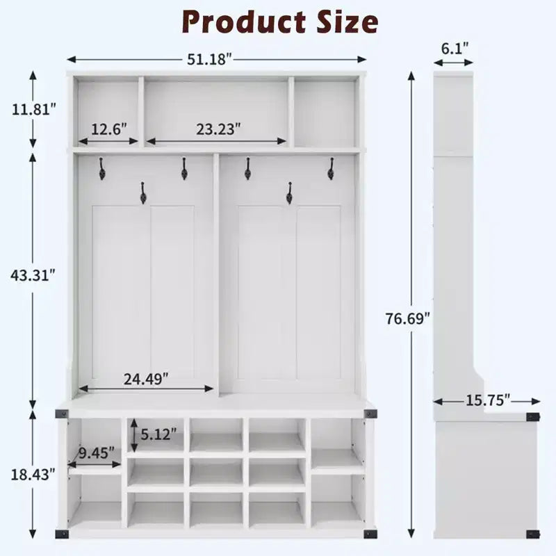 76 Inch Hall Tree with Bench and Shoe Storage, Farmhouse 4-in-1 Entryway Bench with Coat Rack and 6 Hooks, Adjustable Shelf, Mudroom Bench