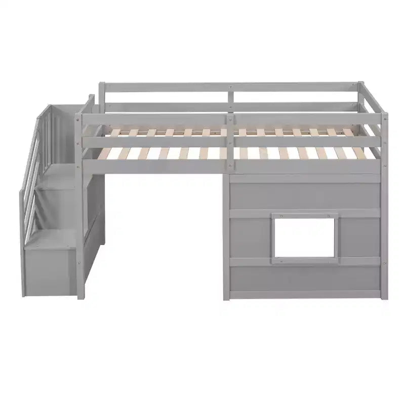 Twin Size Low Loft Bed with Storage Staircase and Window, Wooden Twin Loft Bed Frame with Under-Bed Space for Kids Teens
