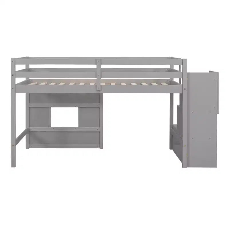 Twin Size Low Loft Bed with Storage Staircase and Window, Wooden Twin Loft Bed Frame with Under-Bed Space for Kids Teens
