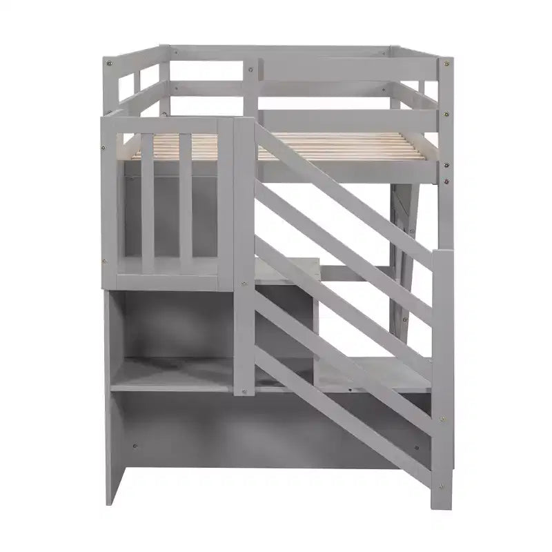 Twin Size Low Loft Bed with Storage Staircase and Window, Wooden Twin Loft Bed Frame with Under-Bed Space for Kids Teens