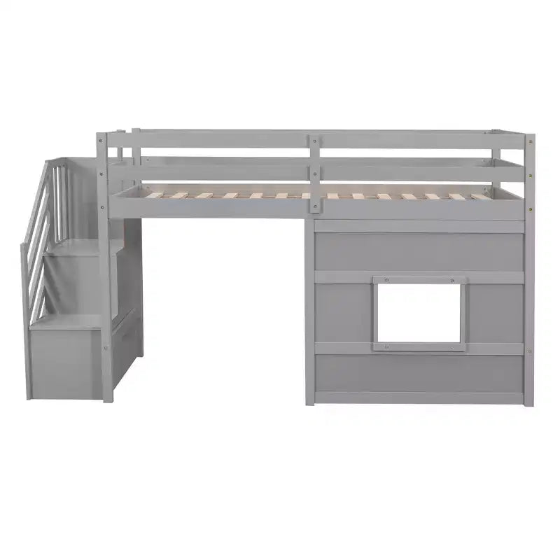 Twin Size Low Loft Bed with Storage Staircase and Window, Wooden Twin Loft Bed Frame with Under-Bed Space for Kids Teens