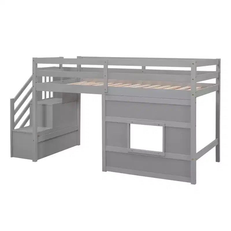 Twin Size Low Loft Bed with Storage Staircase and Window, Wooden Twin Loft Bed Frame with Under-Bed Space for Kids Teens