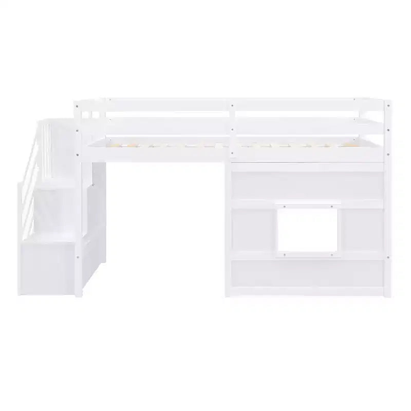 Twin Size Low Loft Bed with Storage Staircase and Window, Wooden Twin Loft Bed Frame with Under-Bed Space for Kids Teens