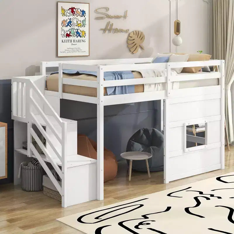 Twin Size Low Loft Bed with Storage Staircase and Window, Wooden Twin Loft Bed Frame with Under-Bed Space for Kids Teens