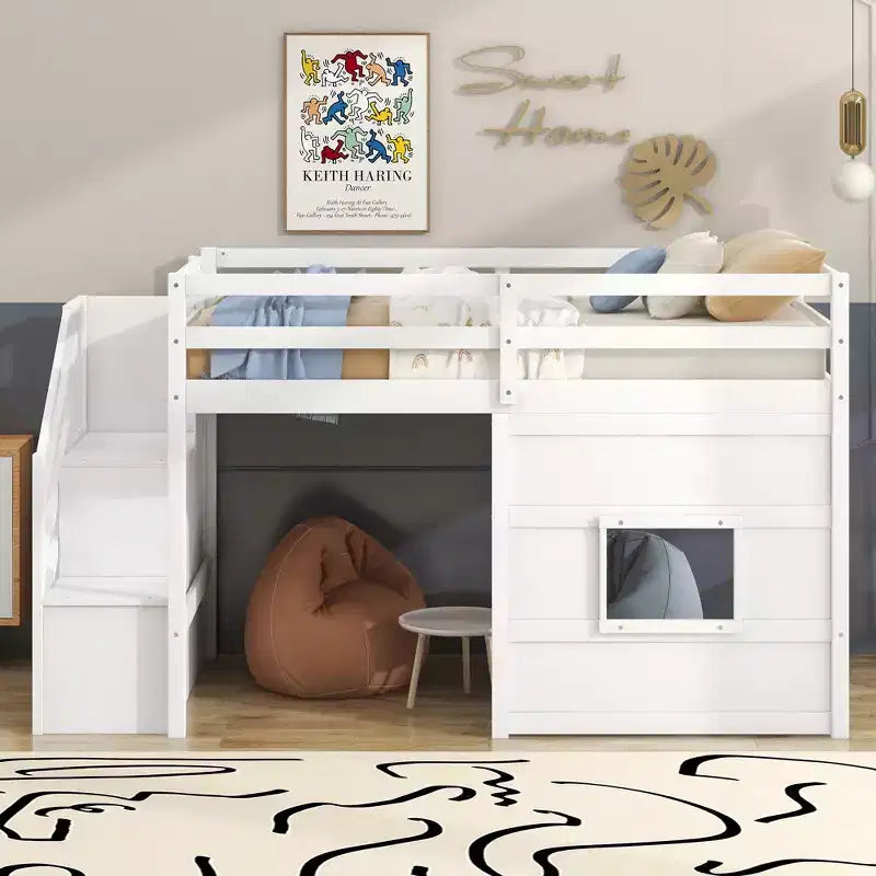 Twin Size Low Loft Bed with Storage Staircase and Window, Wooden Twin Loft Bed Frame with Under-Bed Space for Kids Teens