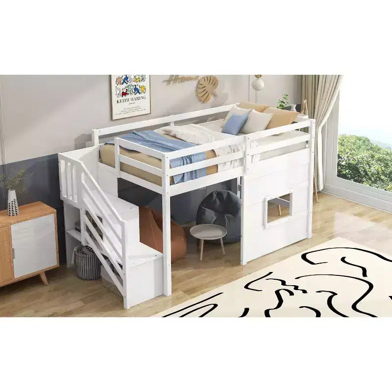 Twin Size Low Loft Bed with Storage Staircase and Window, Wooden Twin Loft Bed Frame with Under-Bed Space for Kids Teens