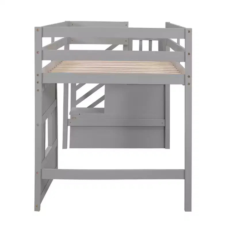Twin Size Low Loft Bed with Storage Staircase and Window, Wooden Twin Loft Bed Frame with Under-Bed Space for Kids Teens