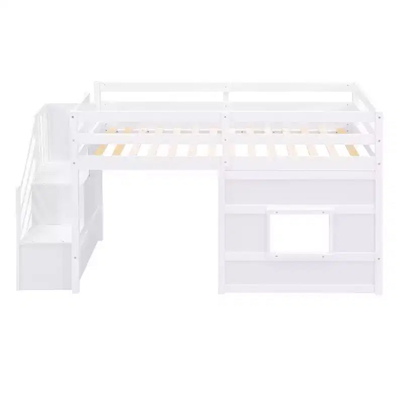 Twin Size Low Loft Bed with Storage Staircase and Window, Wooden Twin Loft Bed Frame with Under-Bed Space for Kids Teens