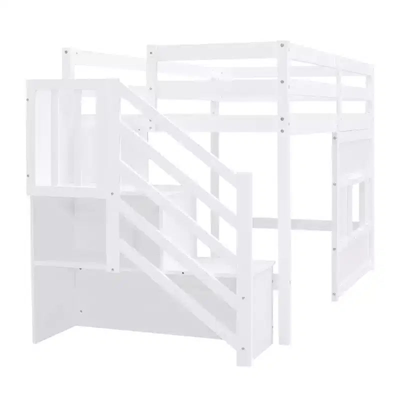 Twin Size Low Loft Bed with Storage Staircase and Window, Wooden Twin Loft Bed Frame with Under-Bed Space for Kids Teens