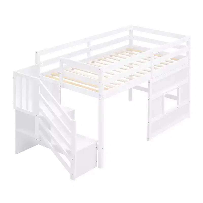 Twin Size Low Loft Bed with Storage Staircase and Window, Wooden Twin Loft Bed Frame with Under-Bed Space for Kids Teens