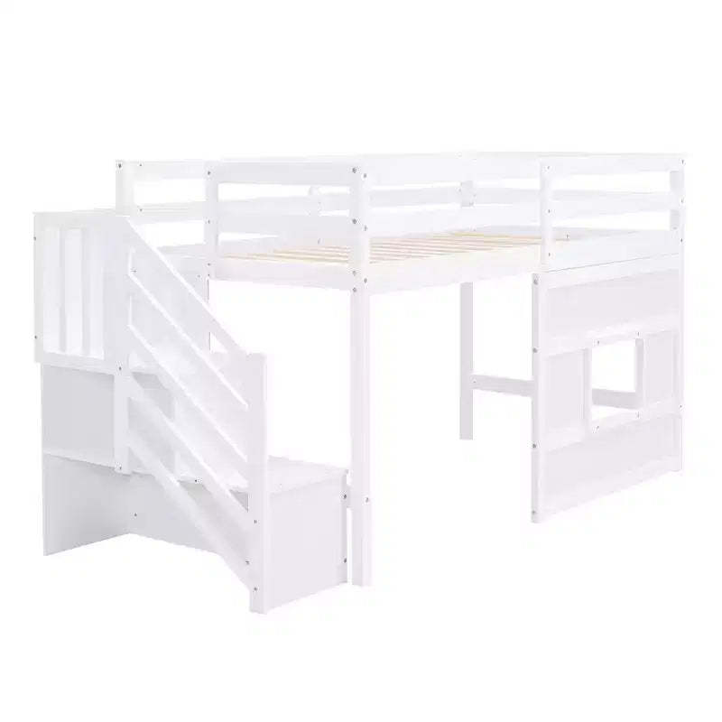 Twin Size Low Loft Bed with Storage Staircase and Window, Wooden Twin Loft Bed Frame with Under-Bed Space for Kids Teens