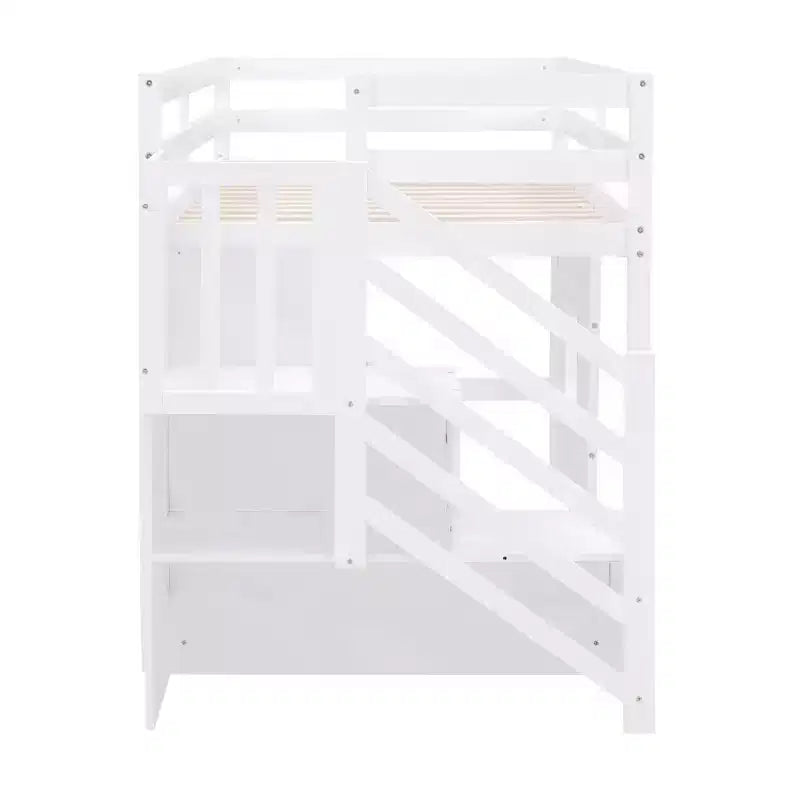 Twin Size Low Loft Bed with Storage Staircase and Window, Wooden Twin Loft Bed Frame with Under-Bed Space for Kids Teens