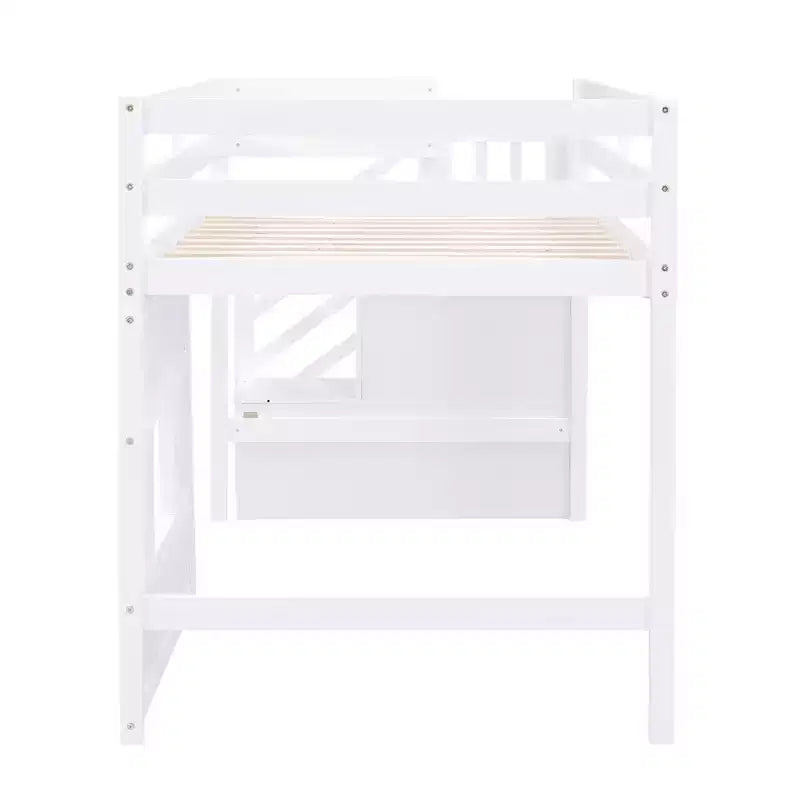 Twin Size Low Loft Bed with Storage Staircase and Window, Wooden Twin Loft Bed Frame with Under-Bed Space for Kids Teens