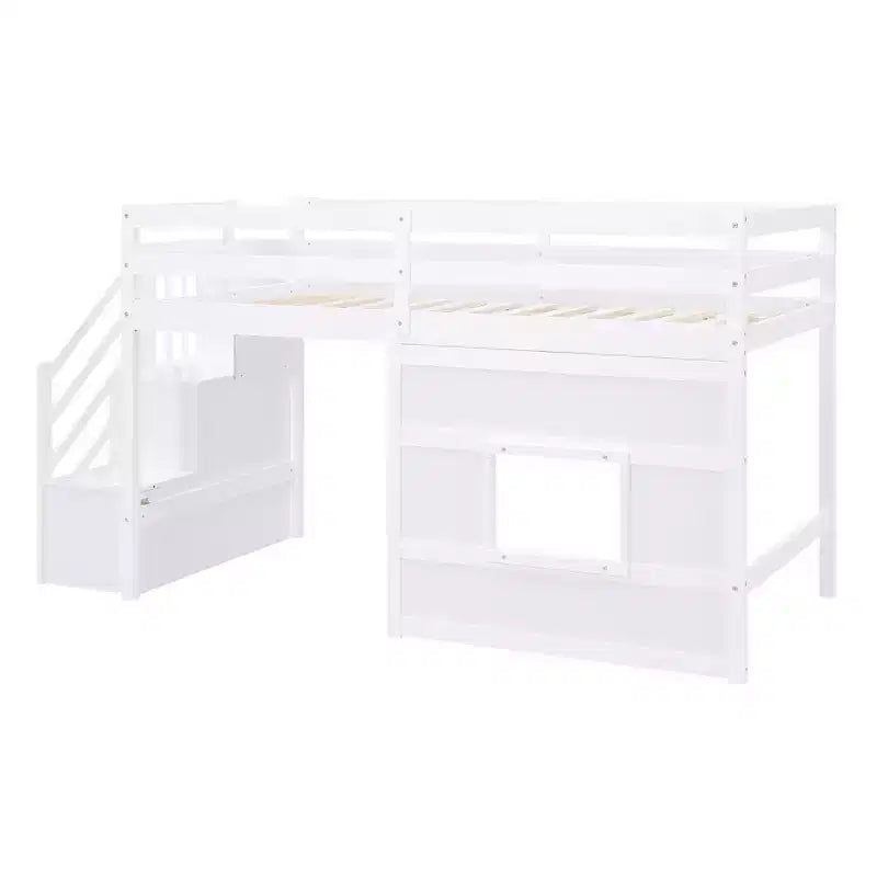 Twin Size Low Loft Bed with Storage Staircase and Window, Wooden Twin Loft Bed Frame with Under-Bed Space for Kids Teens